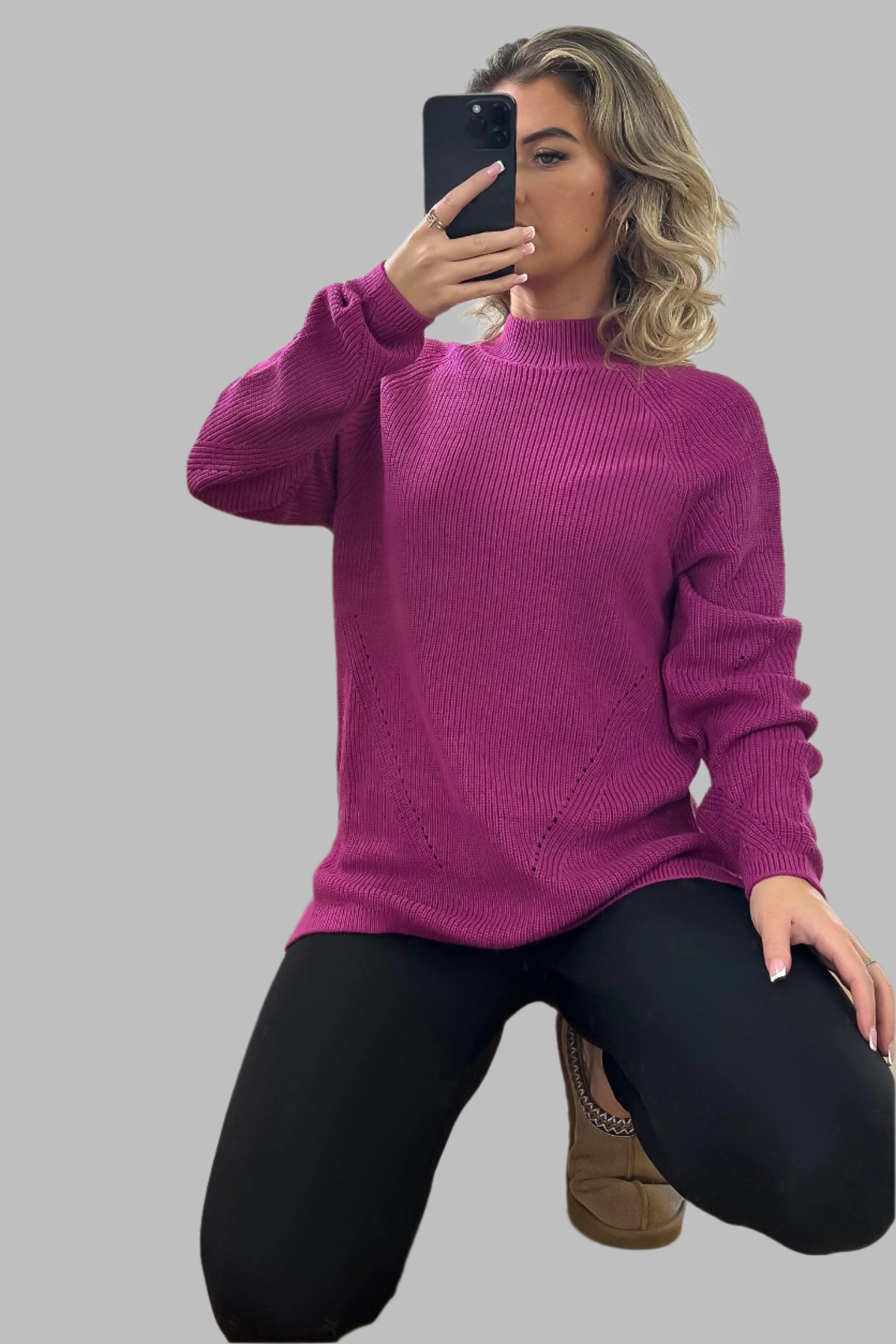 High Neck Perforated Detail Pullover-SinglePrice