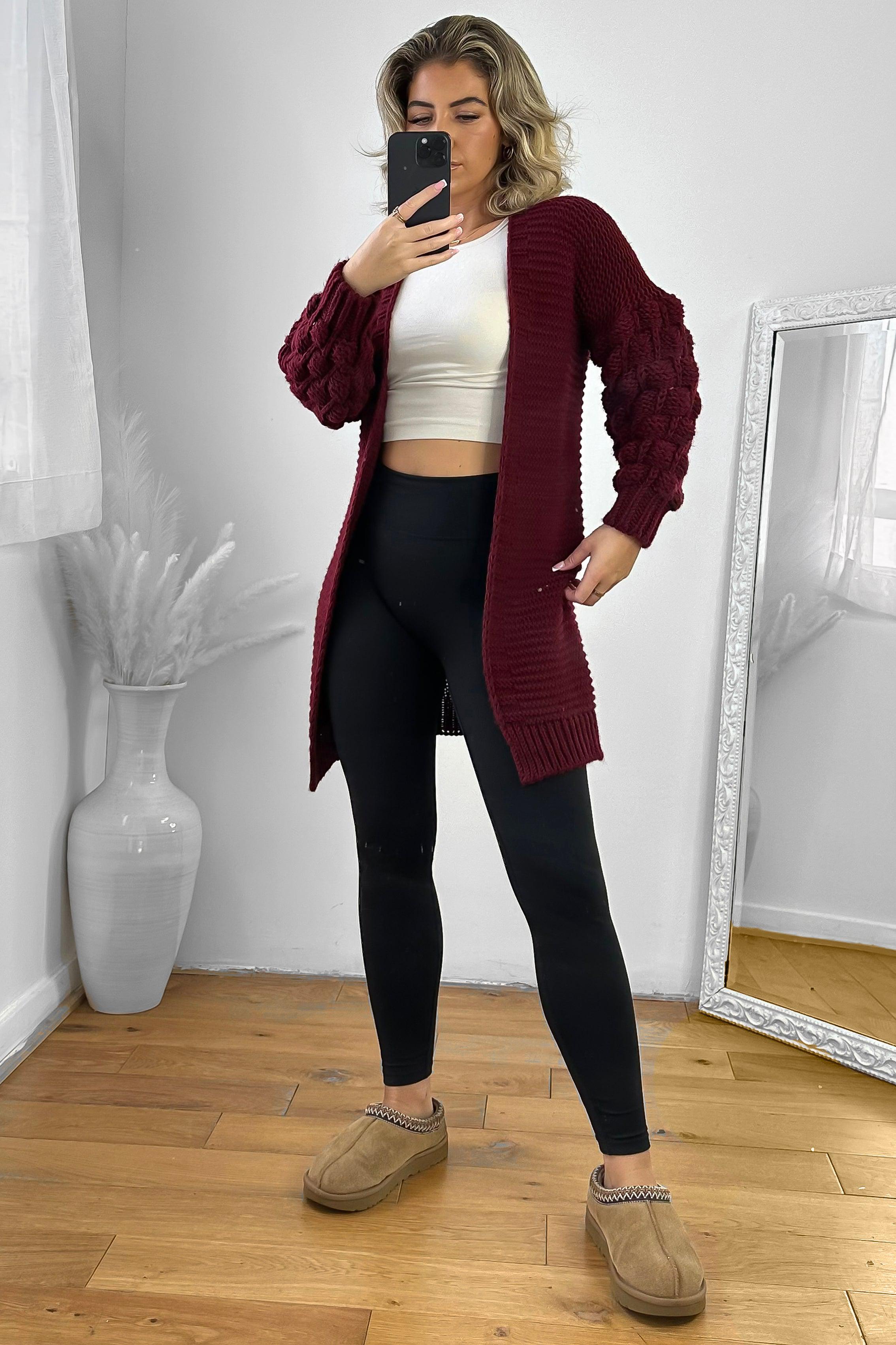 Bubble Knit Sleeves Open Midi Cardigan-SinglePrice