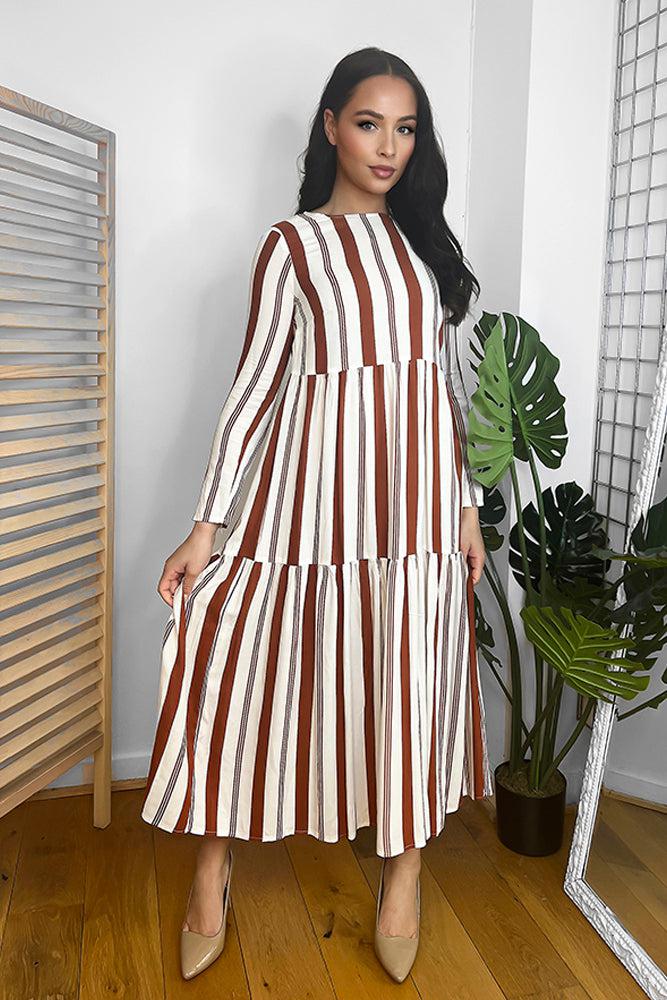 Brick Stripe Tiered Midi Dress-SinglePrice