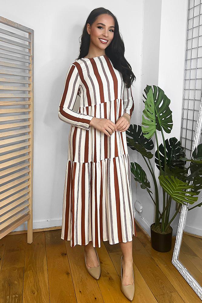 Brick Stripe Tiered Midi Dress-SinglePrice