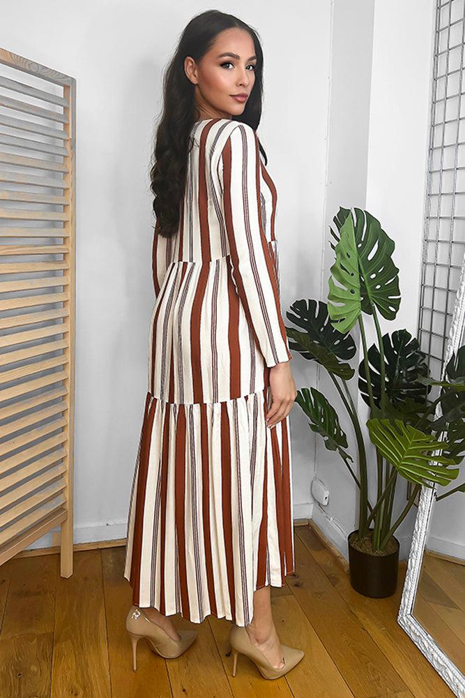 Brick Stripe Tiered Midi Dress-SinglePrice