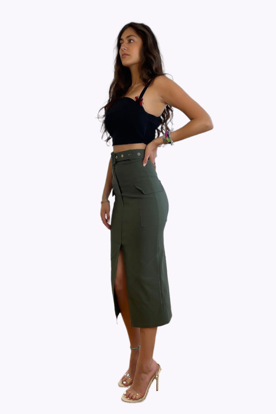 Front Split Midi Belted Cargo Skirt-SinglePrice