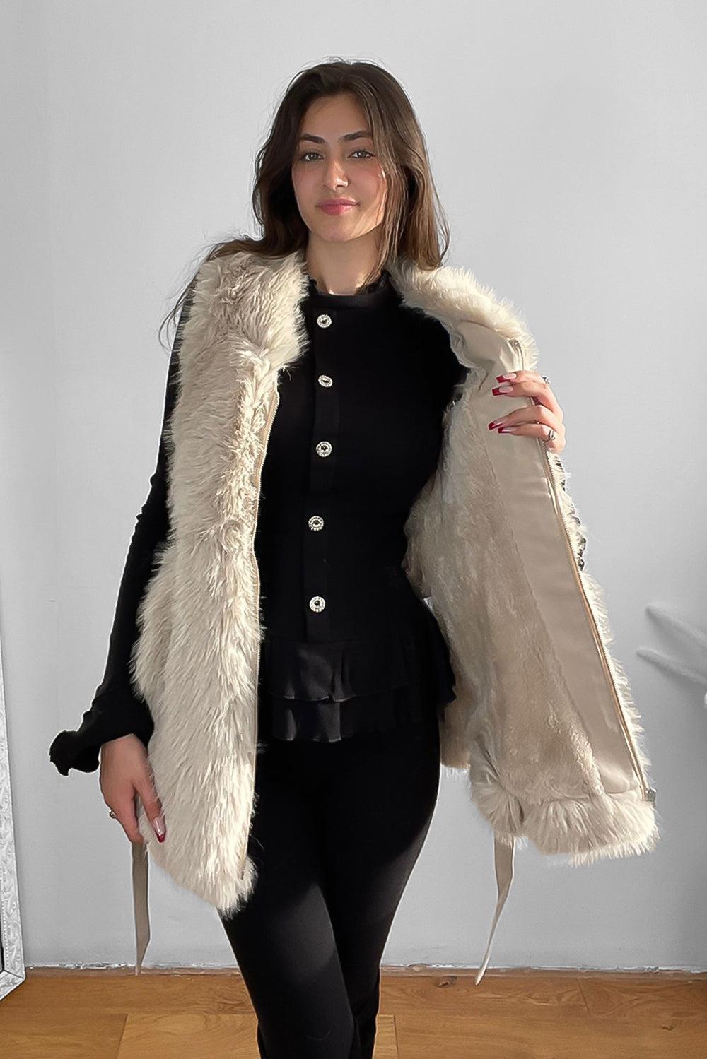 Faux Fur Gilet Belted Style Sleeveless Jacket-SinglePrice