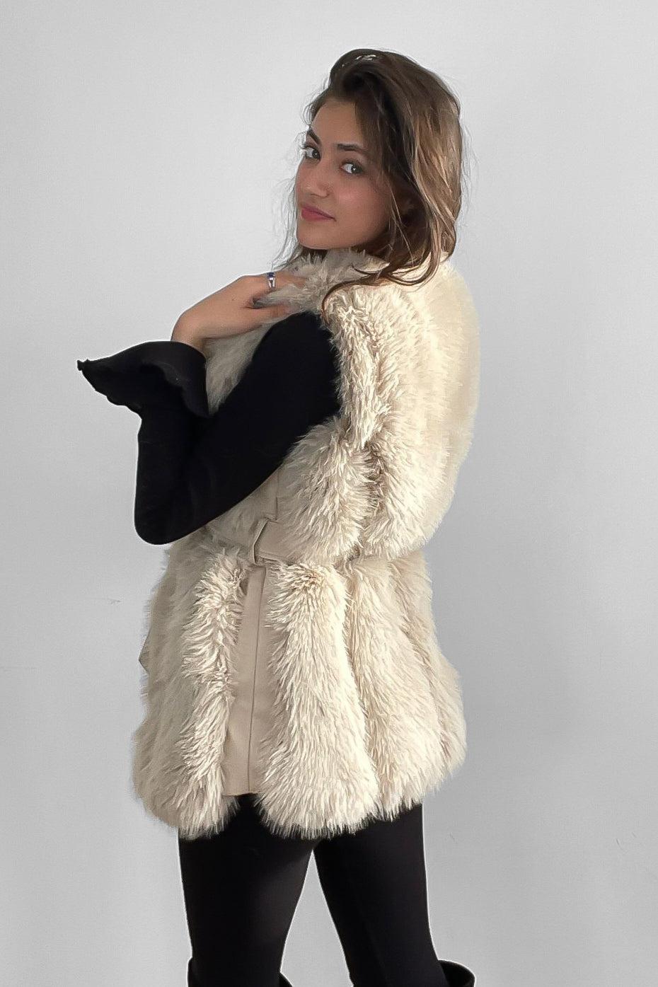 Faux Fur Gilet Belted Style Sleeveless Jacket-SinglePrice