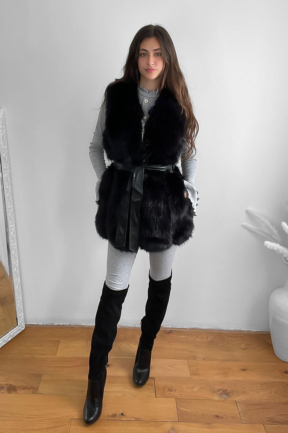 Faux Fur Gilet Belted Style Sleeveless Jacket-SinglePrice