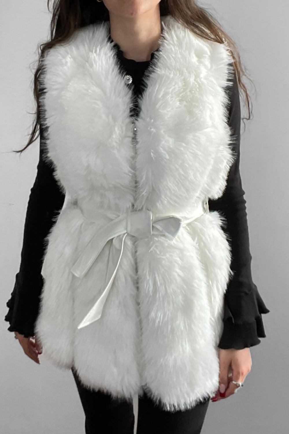 Faux Fur Gilet Belted Style Sleeveless Jacket-SinglePrice