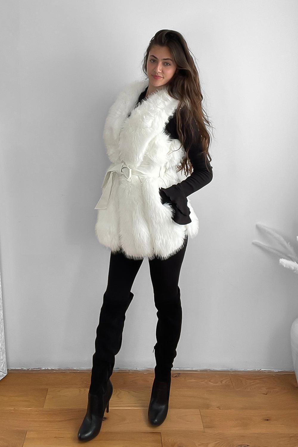 Faux Fur Gilet Belted Style Sleeveless Jacket-SinglePrice