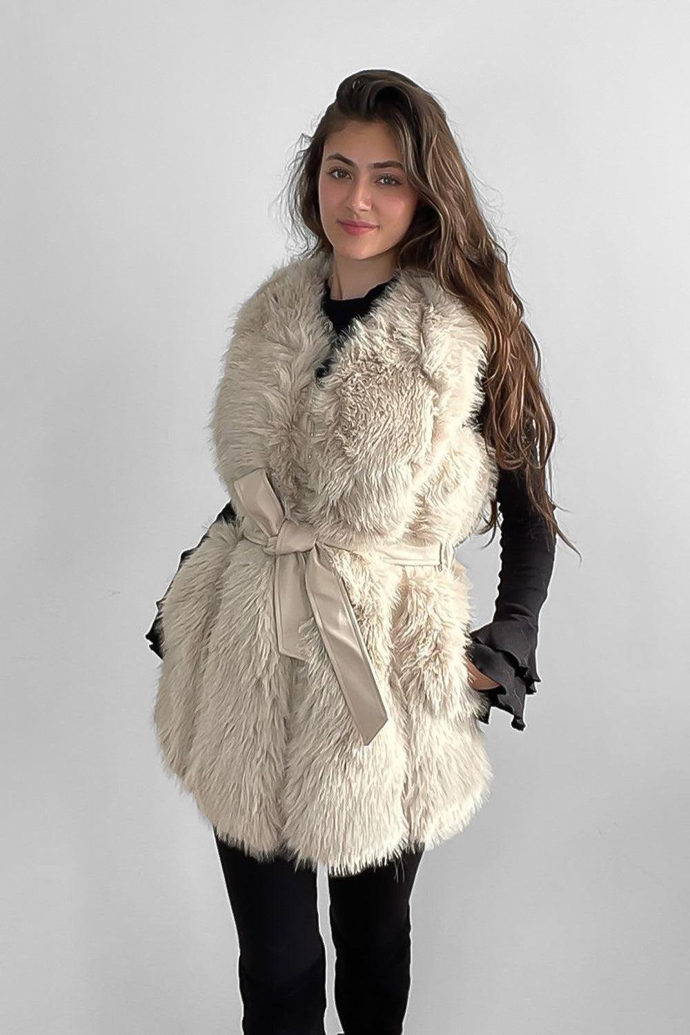 Faux Fur Gilet Belted Style Sleeveless Jacket-SinglePrice