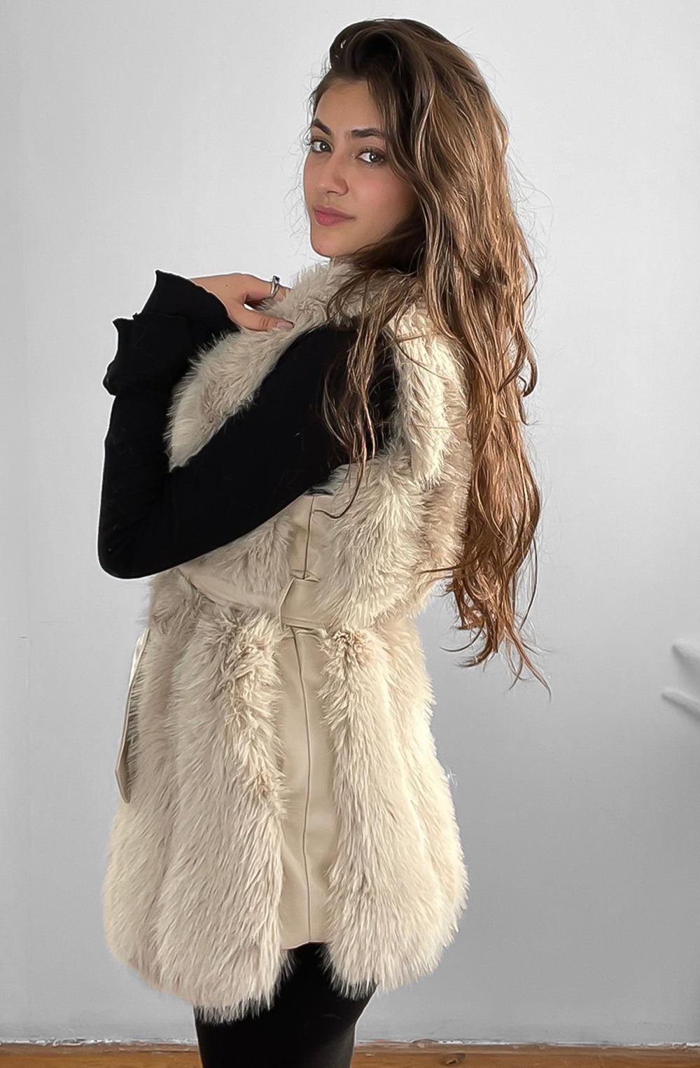 Faux Fur Gilet Belted Style Sleeveless Jacket-SinglePrice
