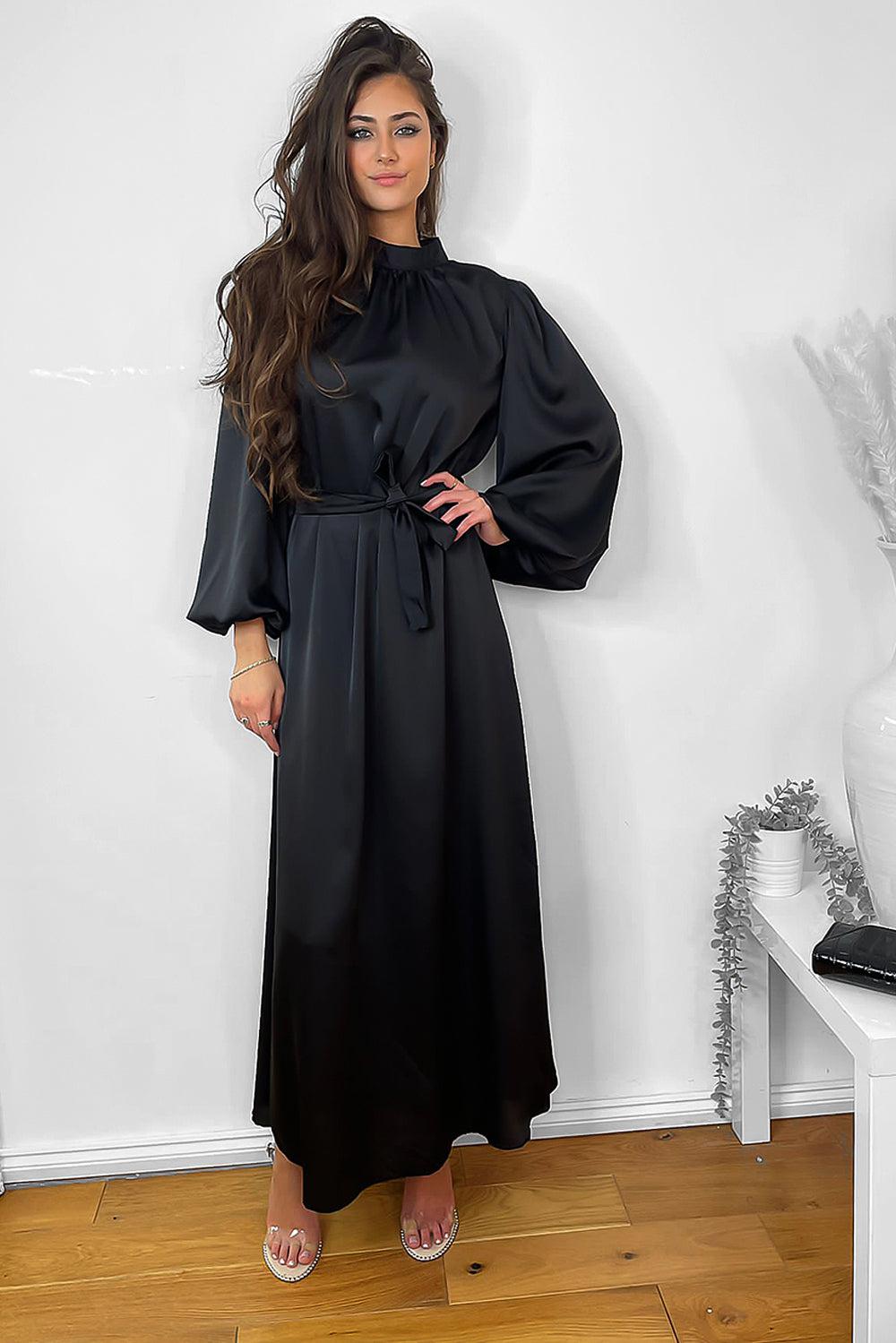 Lantern Sleeves High Neck Satin Modest Dress-SinglePrice