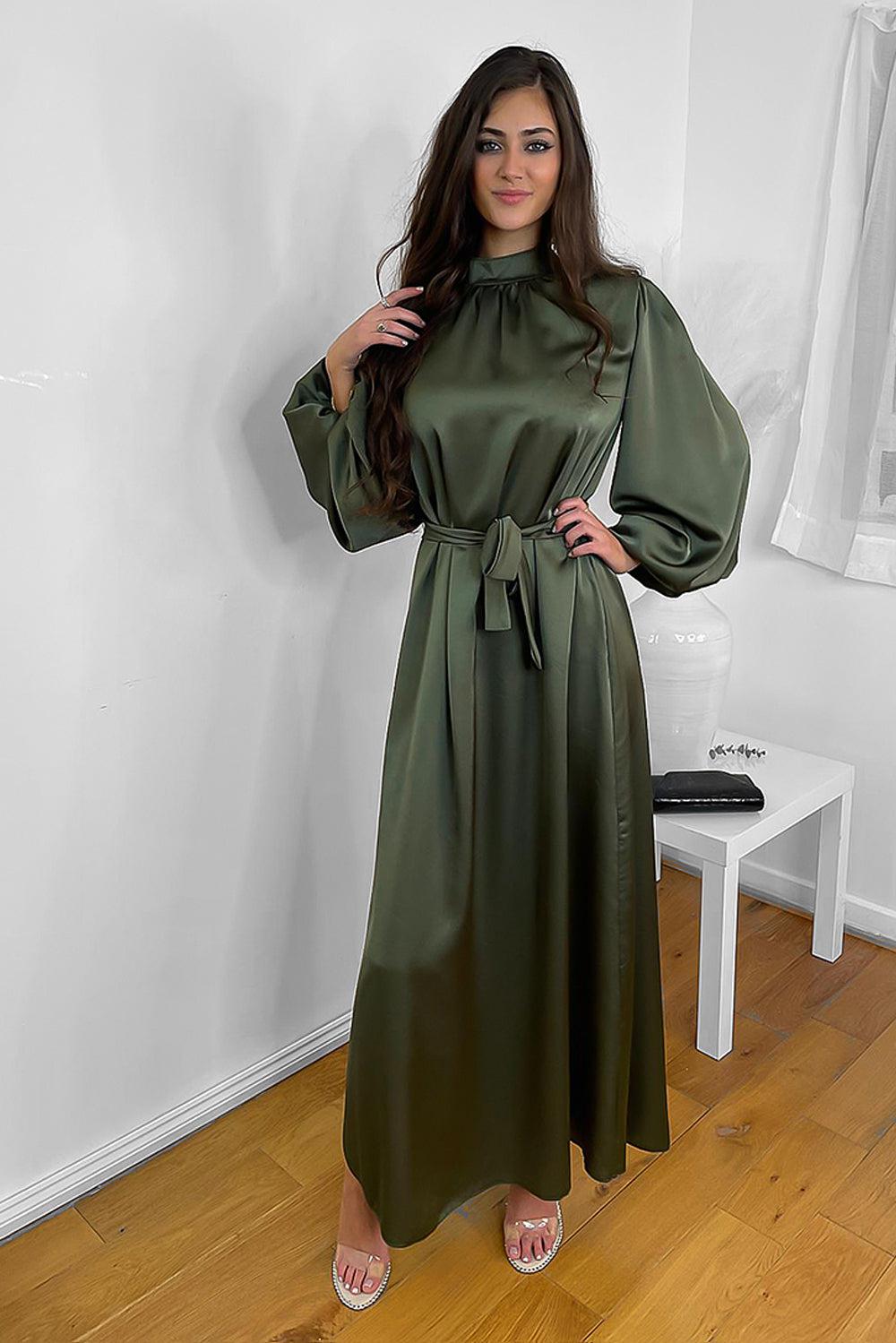 Lantern Sleeves High Neck Satin Modest Dress-SinglePrice