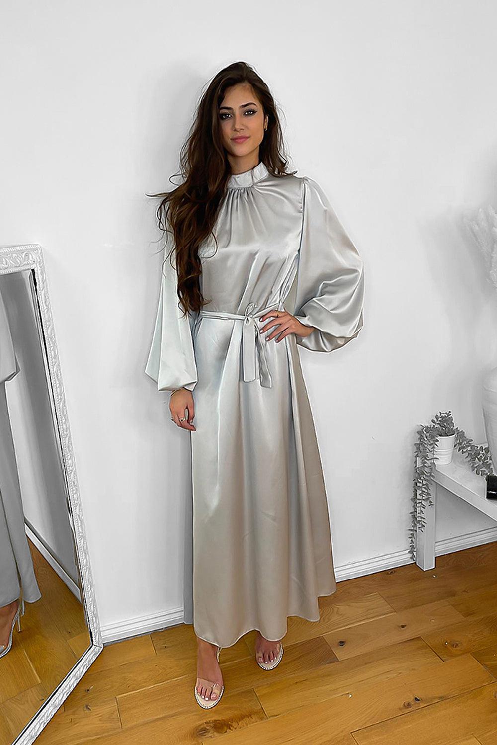 Lantern Sleeves High Neck Satin Modest Dress-SinglePrice