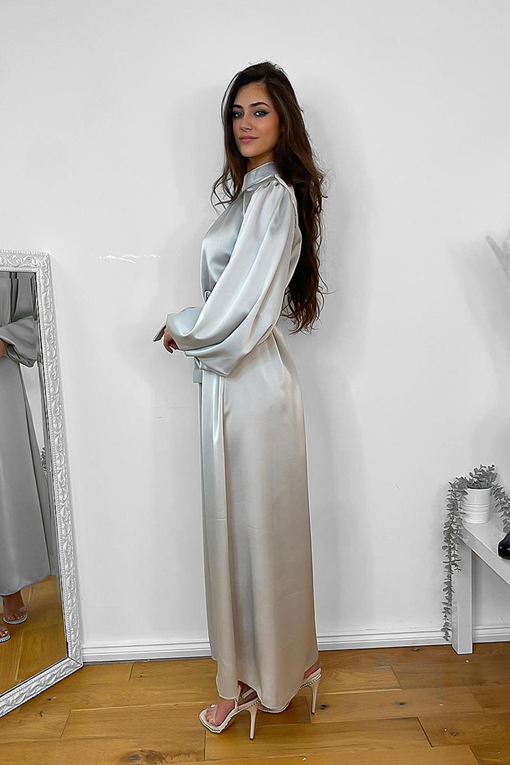 Lantern Sleeves High Neck Satin Modest Dress-SinglePrice