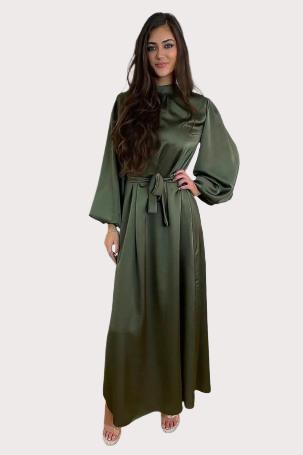 Lantern Sleeves High Neck Satin Modest Dress-SinglePrice