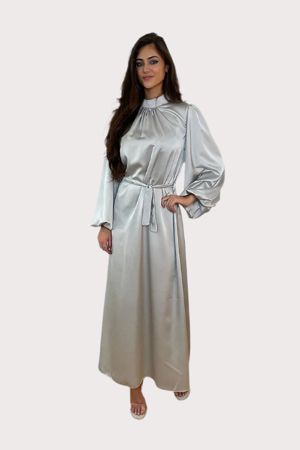 Lantern Sleeves High Neck Satin Modest Dress-SinglePrice