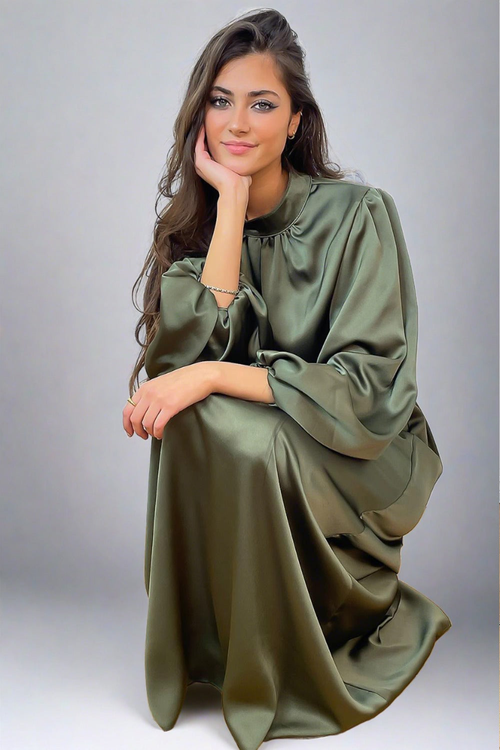 Lantern Sleeves High Neck Satin Modest Dress-SinglePrice