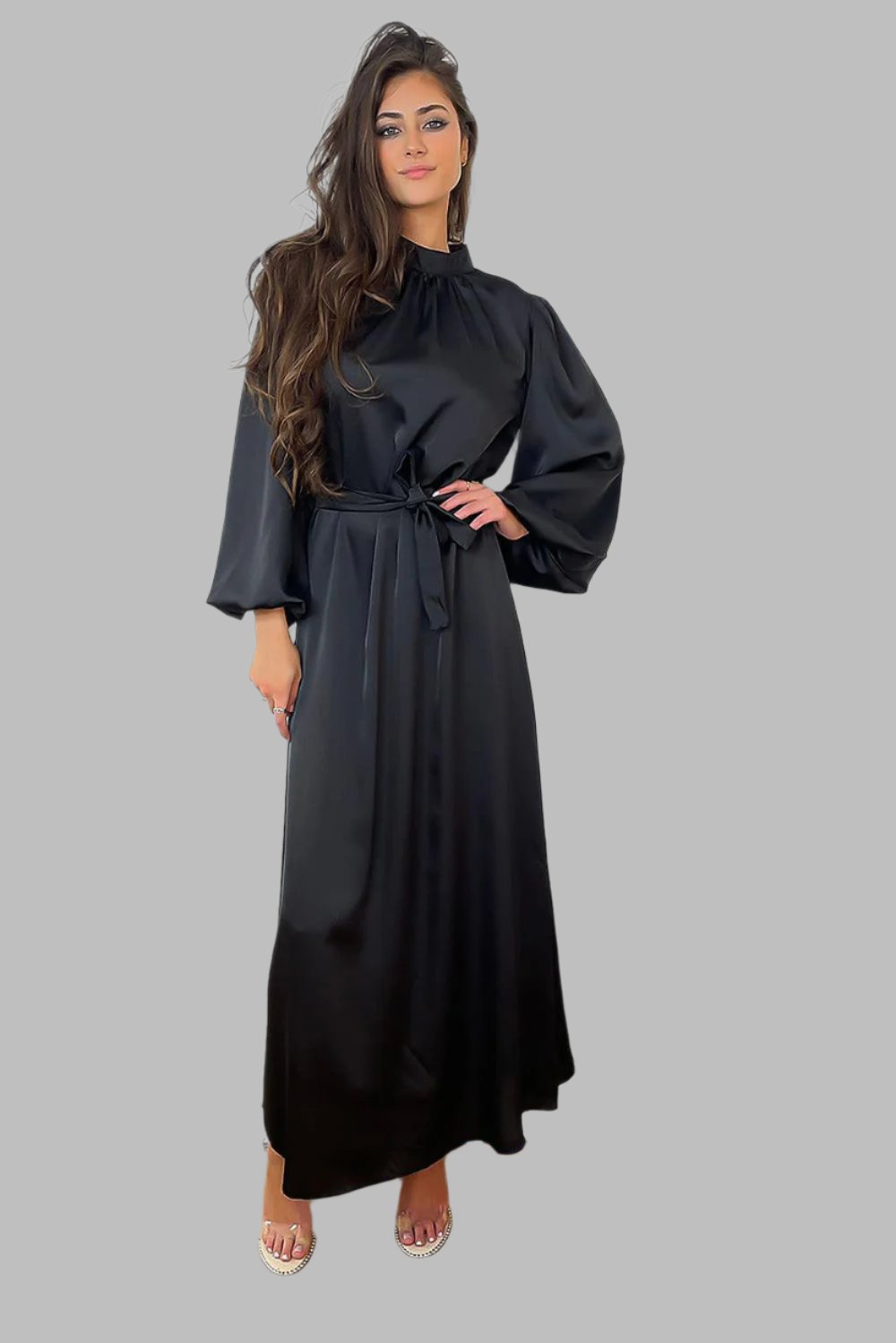 Lantern Sleeves High Neck Satin Modest Dress-SinglePrice