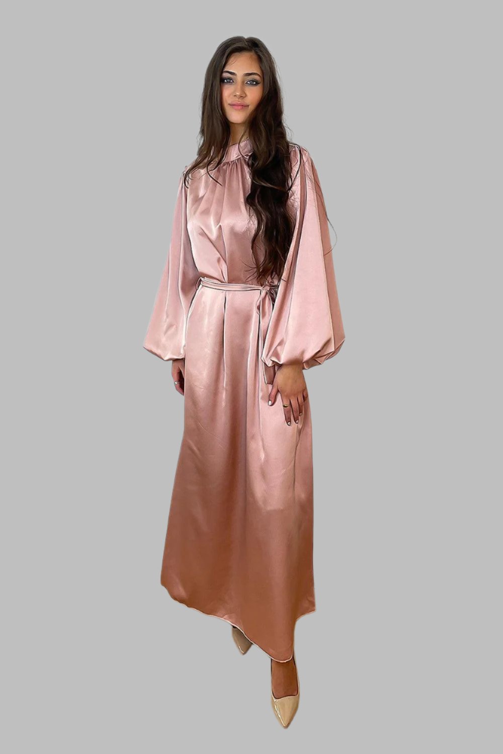 Lantern Sleeves High Neck Satin Modest Dress-SinglePrice