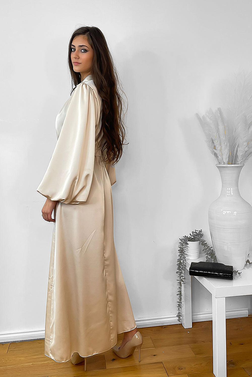 Lantern Sleeves High Neck Satin Modest Dress-SinglePrice