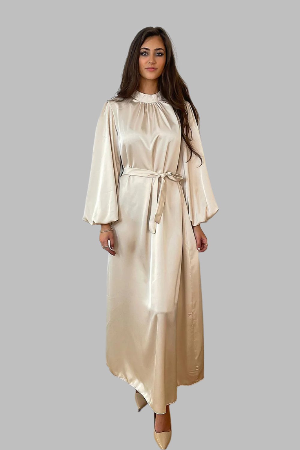 Lantern Sleeves High Neck Satin Modest Dress-SinglePrice