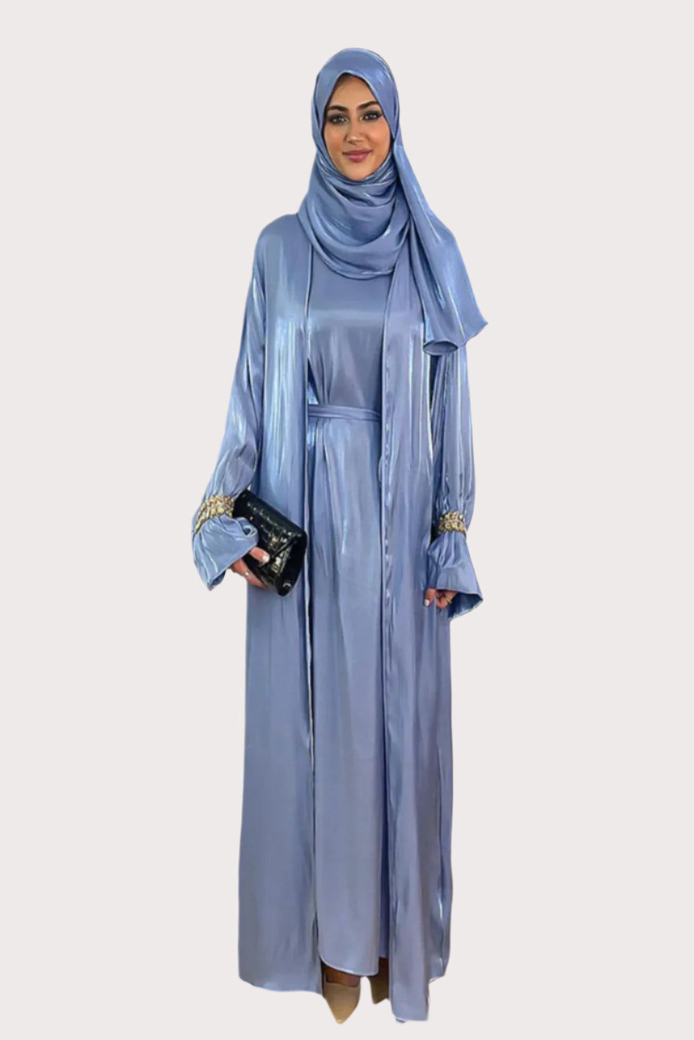 Embellished Sleeves Shimmer Organza Modest Dress And Hijab Scarf Set-SinglePrice