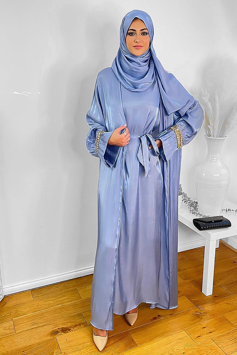 Embellished Sleeves Shimmer Organza Modest Dress And Hijab Scarf Set-SinglePrice