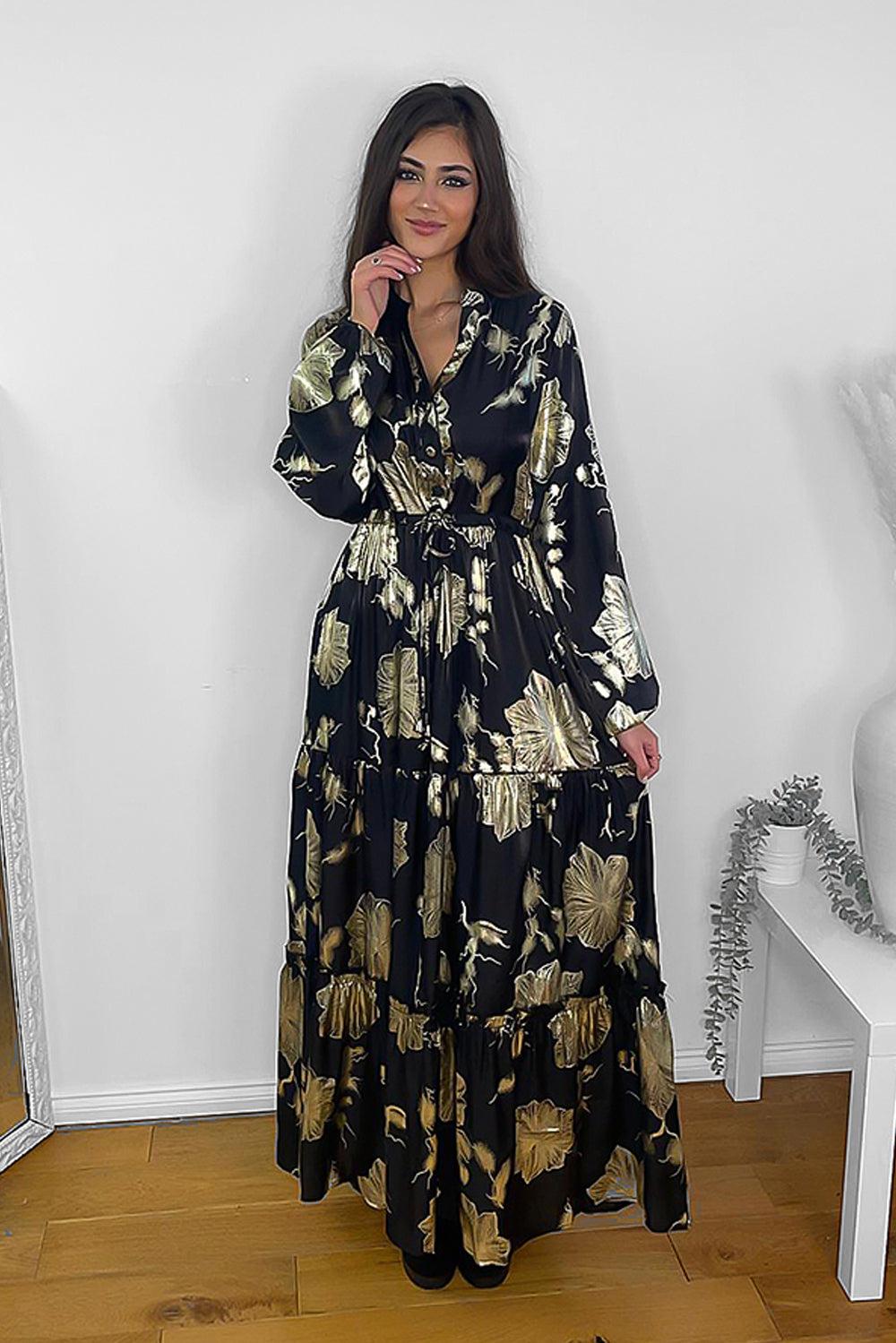 Shimmer Floral Print Tiered Modest Dress-SinglePrice
