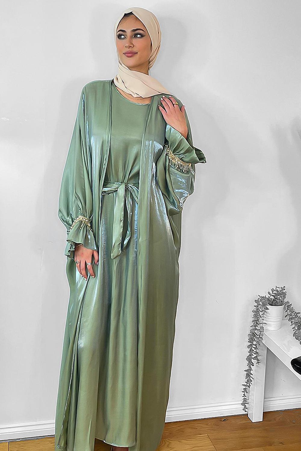 Pearl Embellished Sleeves Shimmer Modest Dress-SinglePrice