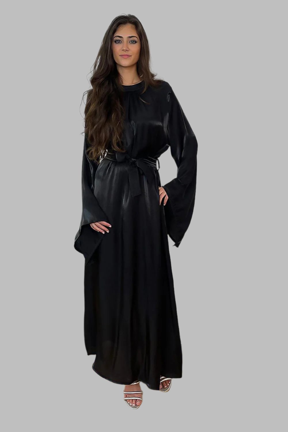 High Neck Wide Sleeves Pleated Satin Modest Dress-SinglePrice