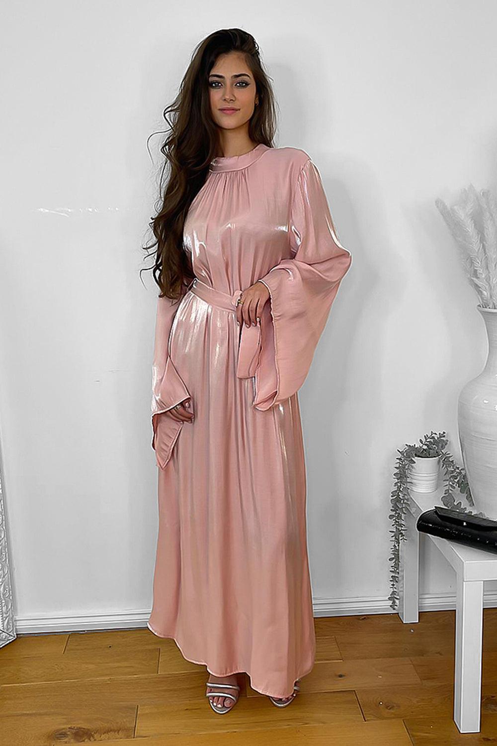 High Neck Wide Sleeves Pleated Satin Modest Dress-SinglePrice