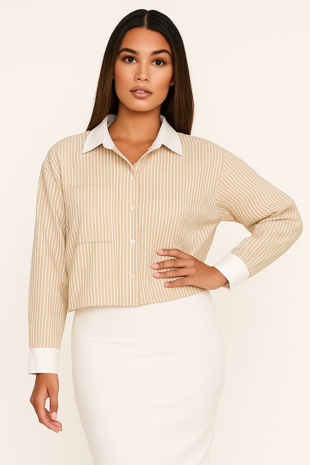 Wholesale Women's White Contrast Collar And Cuffs Boxy Cropped Stripe Cotton Shirt (PACK OF 6)