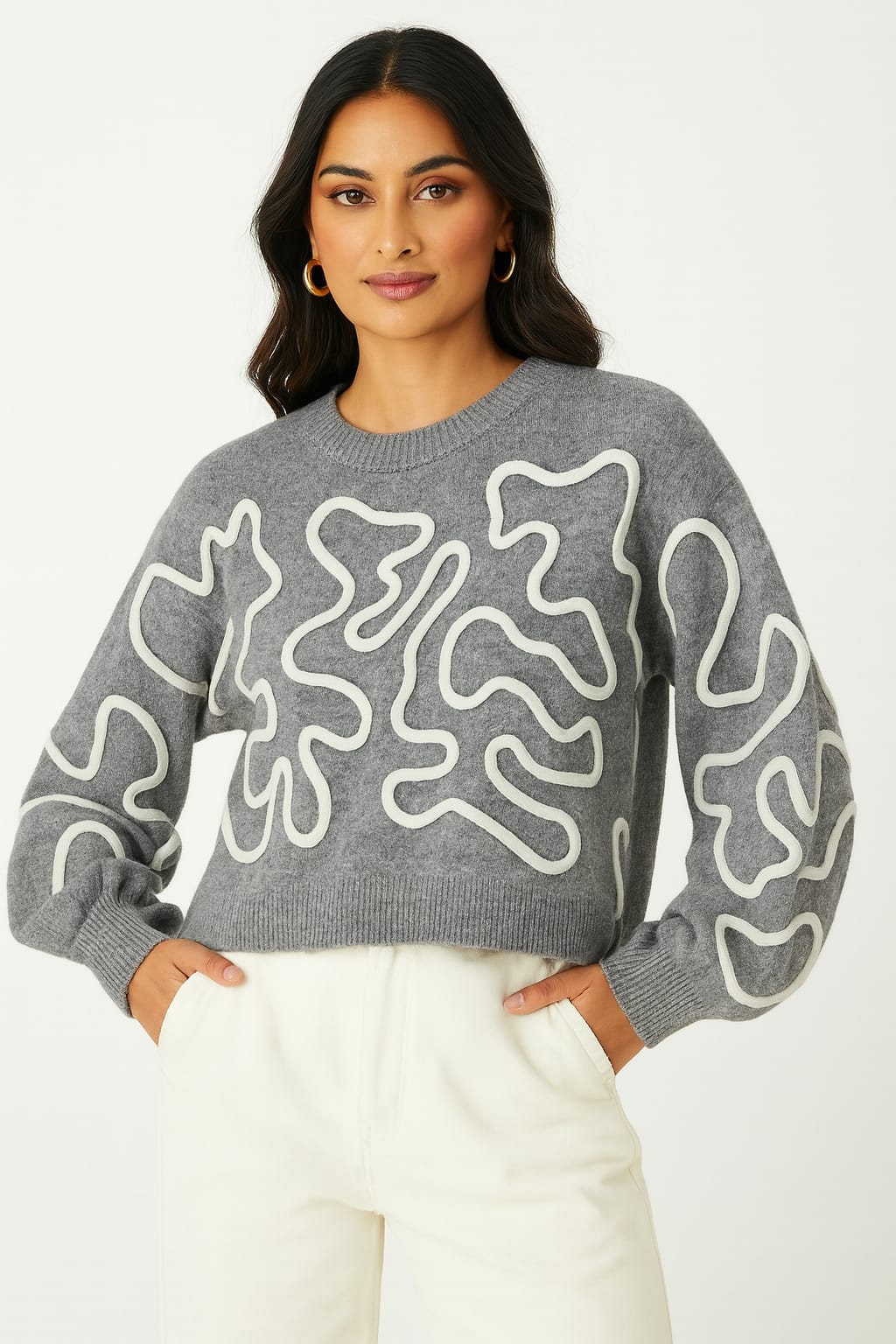 Wholesale Women's Abstract Applique Boxy Cut Knitted Sweater (PACK OF 4)