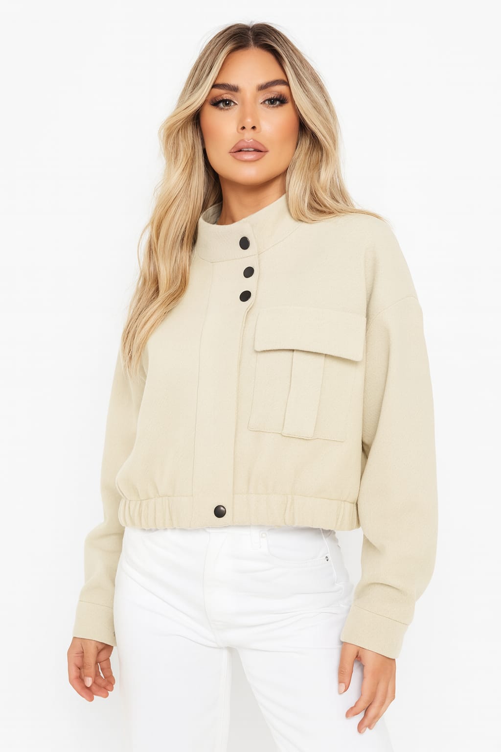 Herringbone Textured Fabric Snap Button Military Style Jacket