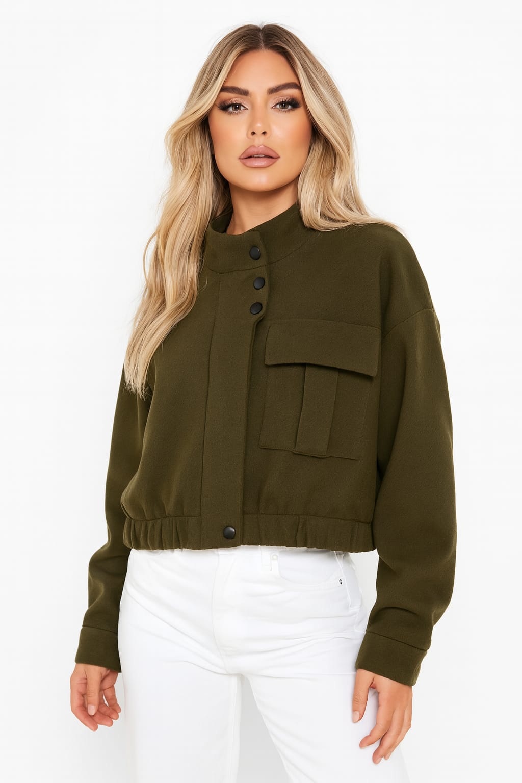 Herringbone Textured Fabric Snap Button Military Style Jacket