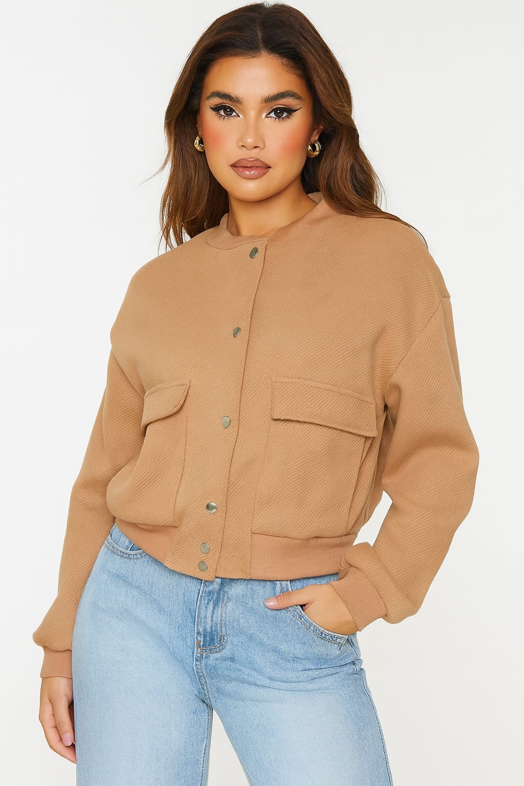 Herringbone Textured Fabric Cargo Pocket Bomber Jacket