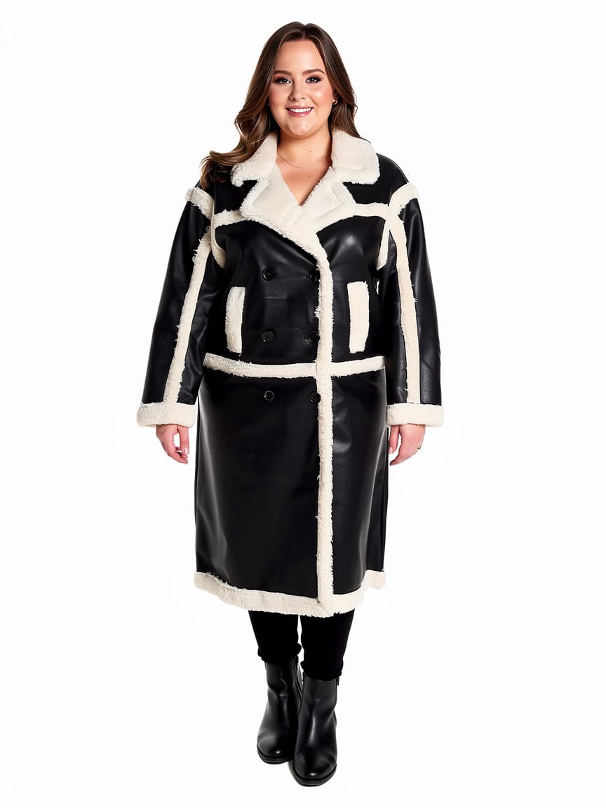 Leather Look Shearling Style Lining Mid Calf Length Coat