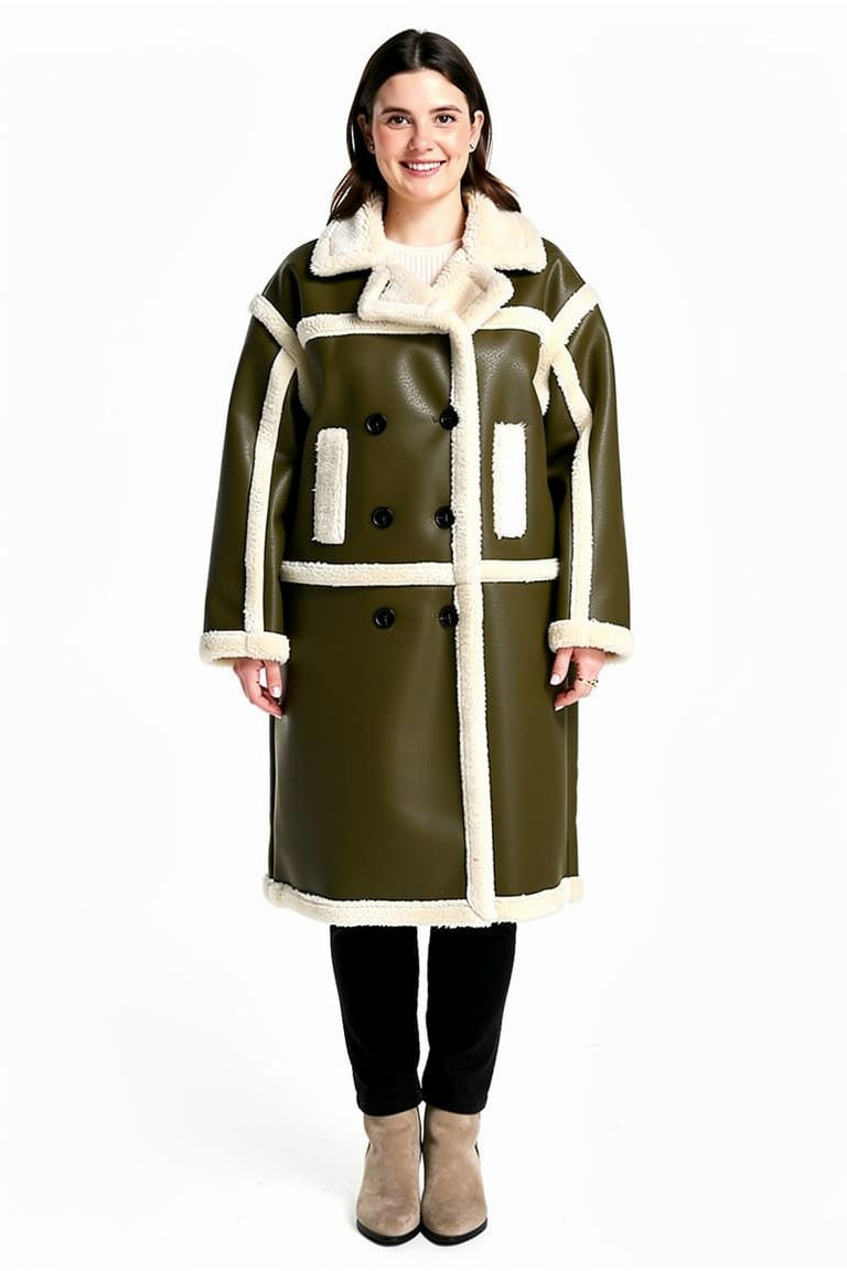Leather Look Shearling Style Lining Mid Calf Length Coat