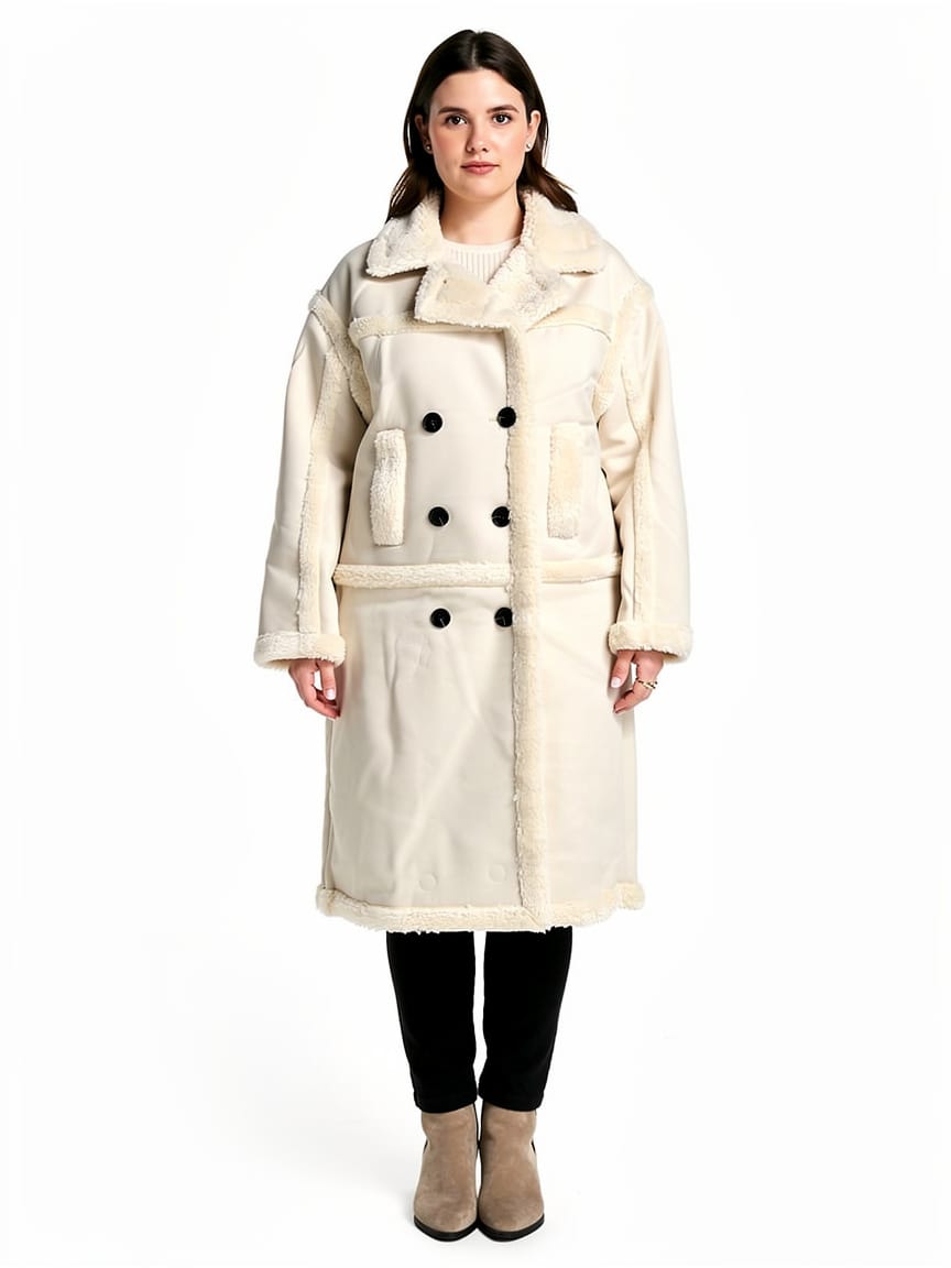 Leather Look Shearling Style Lining Mid Calf Length Coat