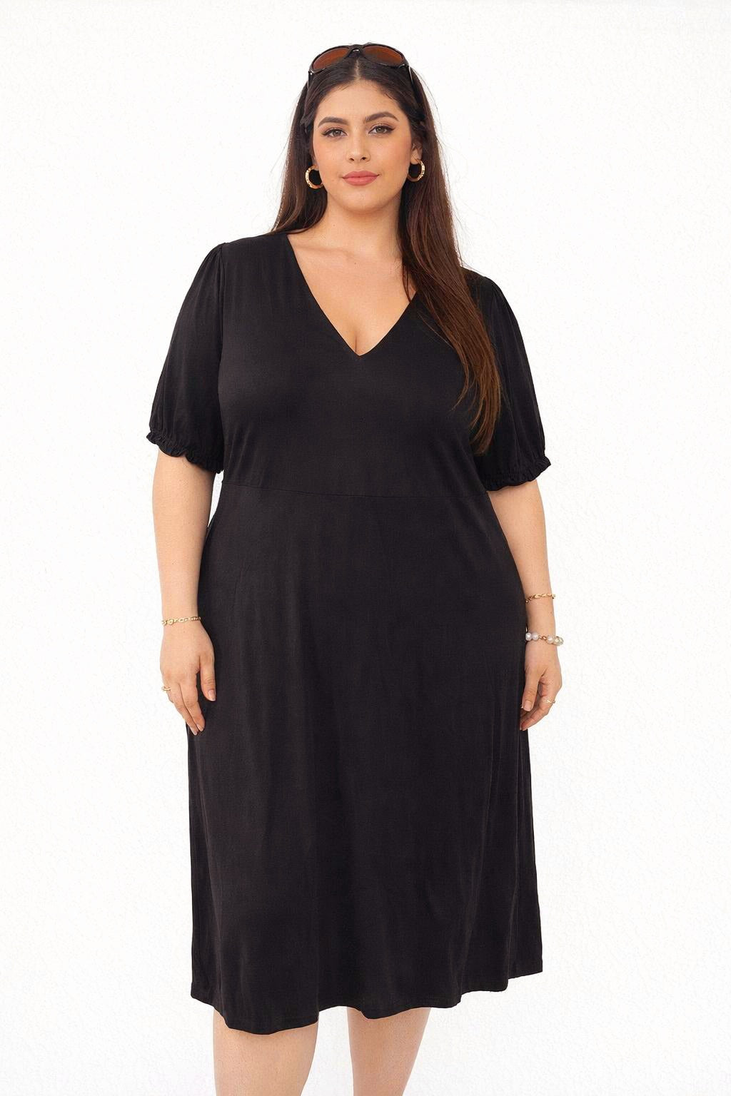 Plus Size V-Cut Short Sleeve Viscose Midi Black Dress