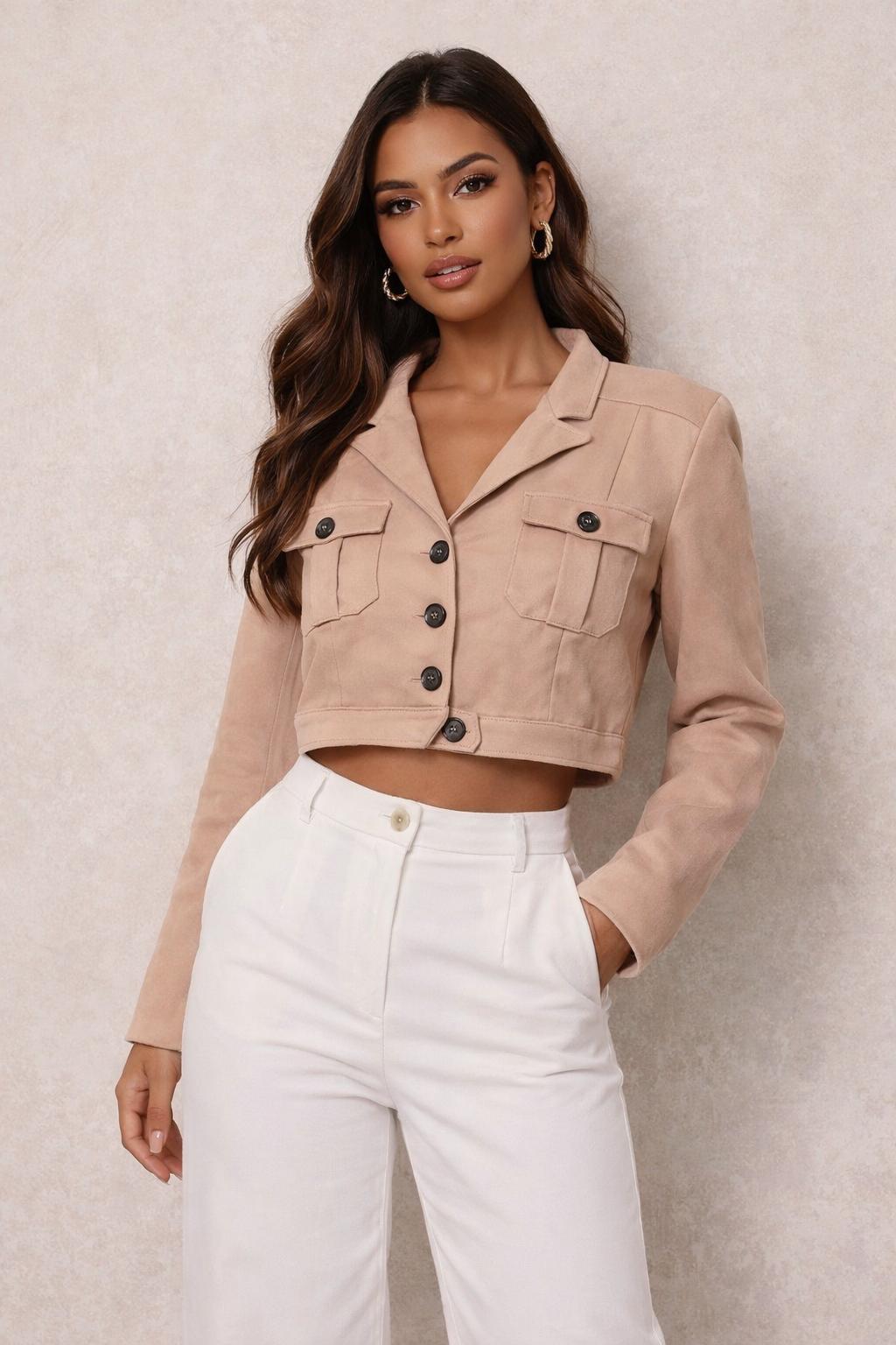 Faux Suede Flap Pocket Cropped Utility Jacket