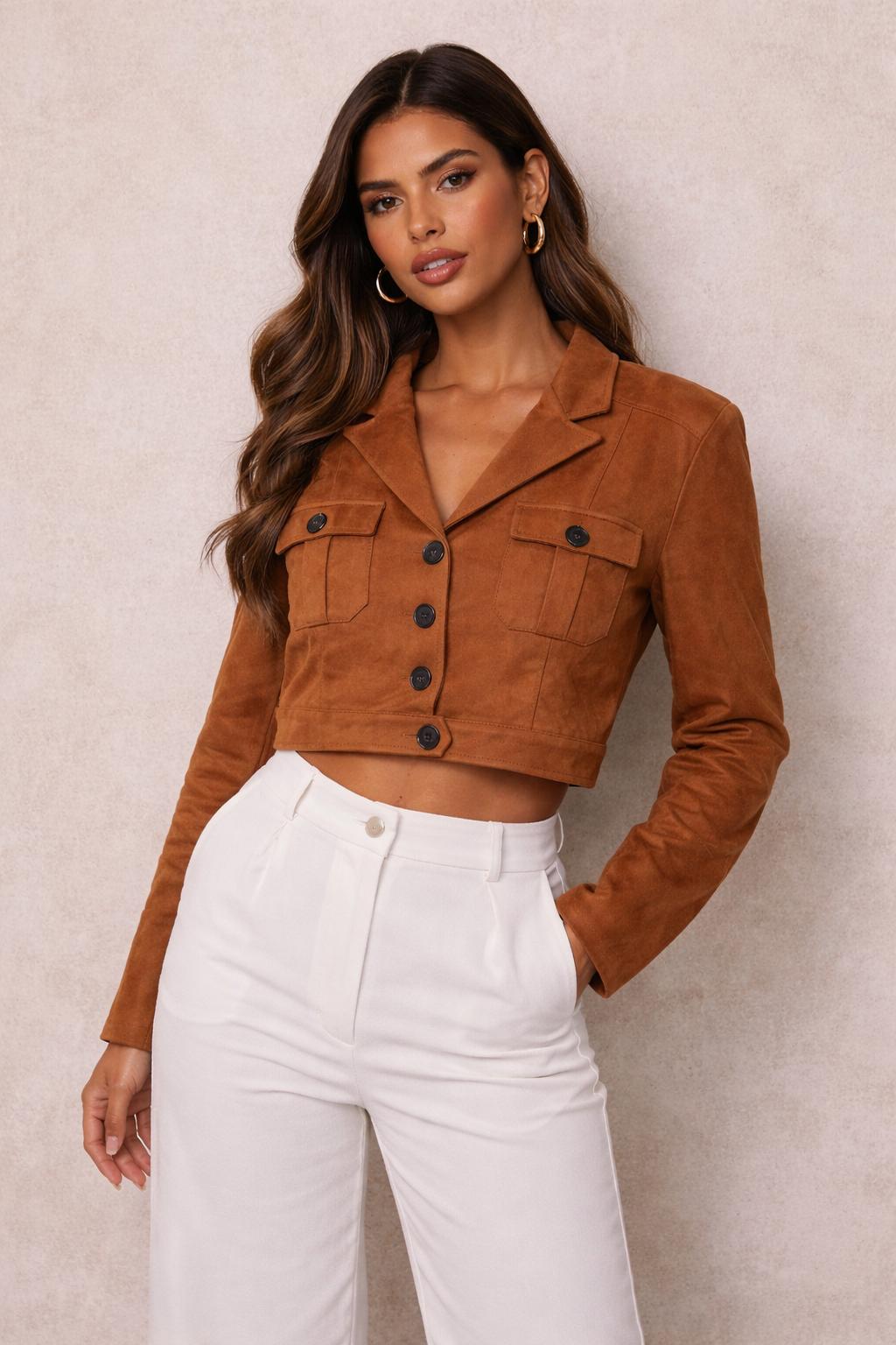 Faux Suede Flap Pocket Cropped Utility Jacket