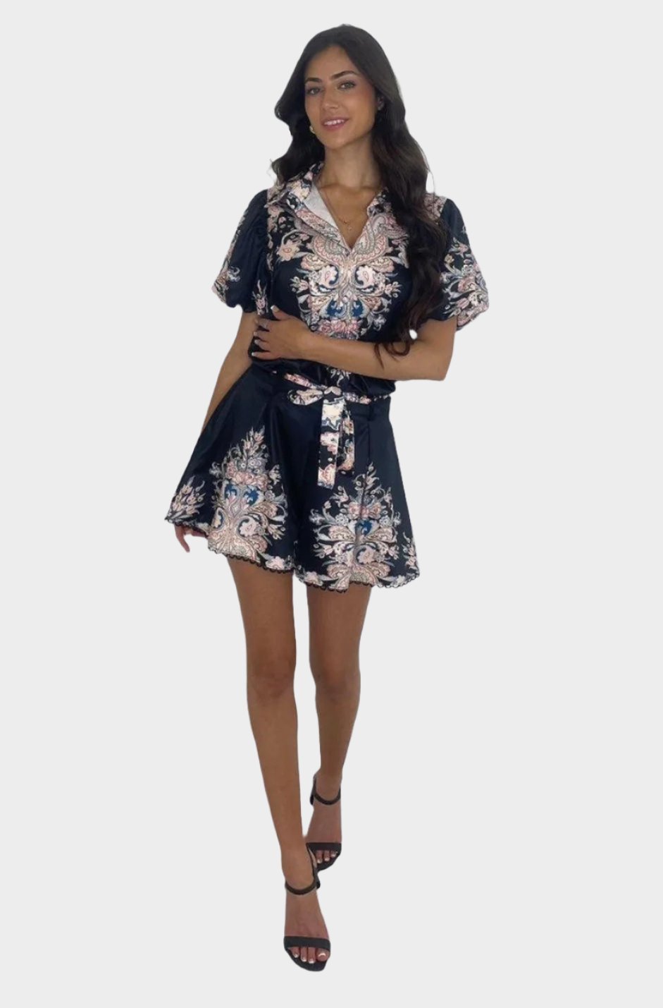 Satin Baroque Print Blouse And Tie Up Skater Shorts Co-ord Set