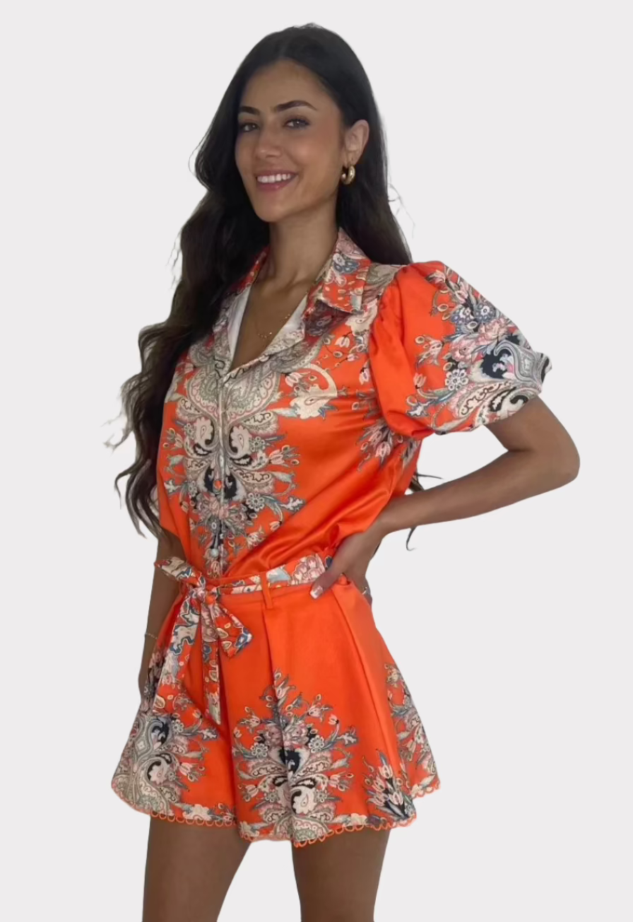Satin Paisley Print Blouse And Tie Up Skater Shorts Co-Ord Set-SinglePrice