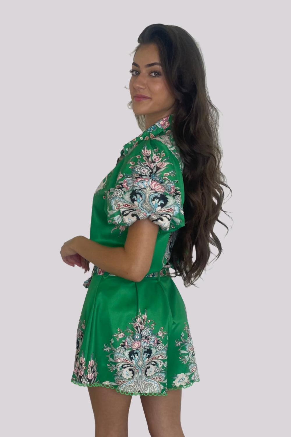 Satin Paisley Print Blouse And Tie Up Skater Shorts Co-Ord Set-SinglePrice
