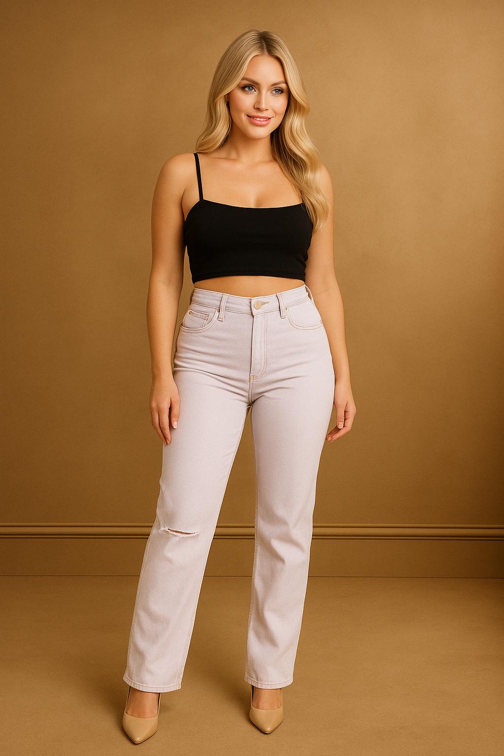 Lilac Slashed Knee  Straight Leg Jeans
