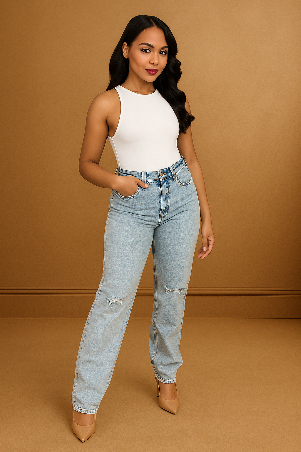 Denim Sky Ripped Knee High Waist Mum's Jeans