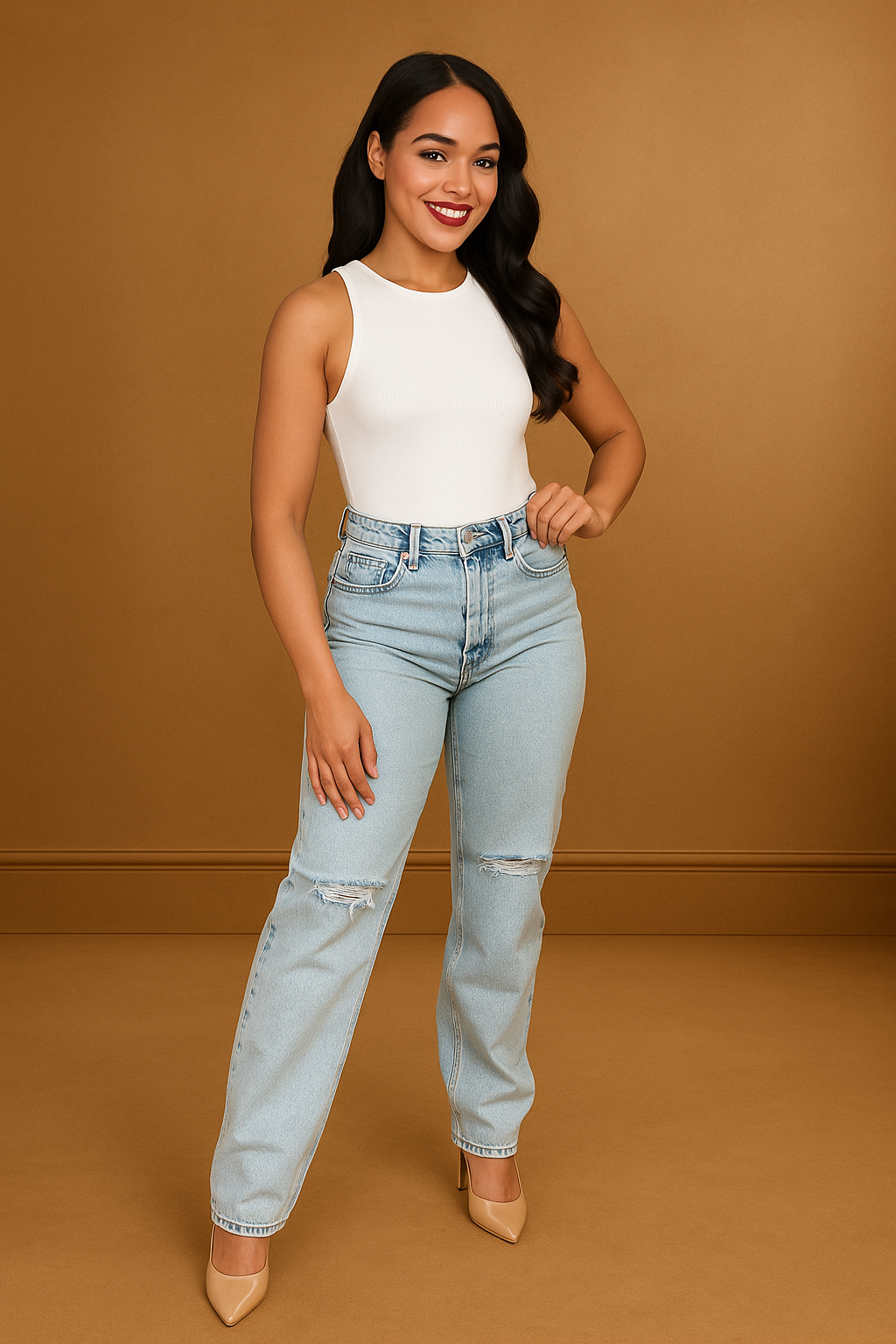 Denim Sky Ripped Knee High Waist Mum's Jeans