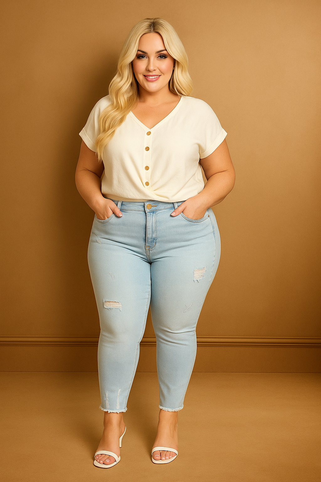 Sky Blue Distressed Finish Raw Hem Skinny Jeans