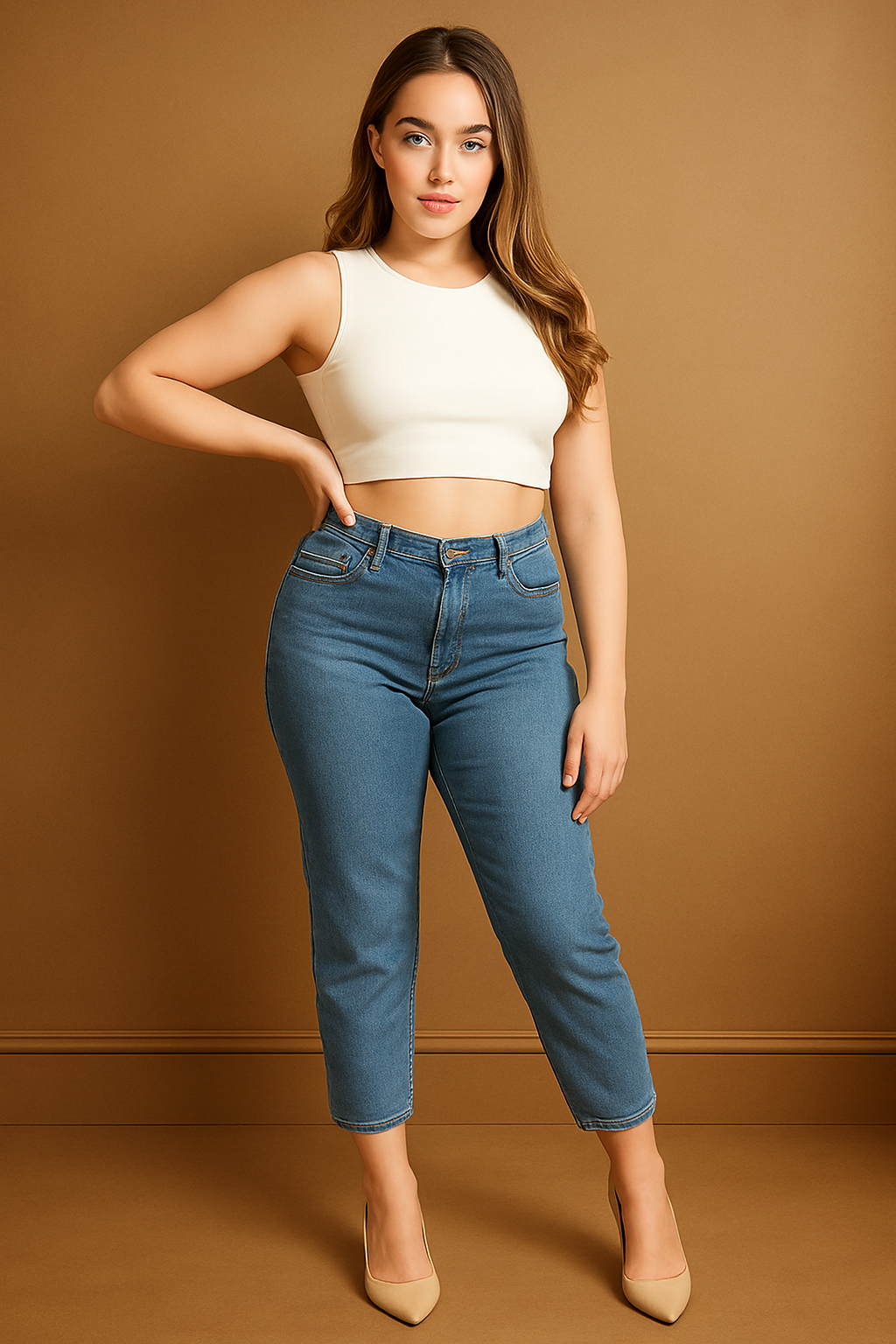Mid Blue Embroidered Pocket Ankle Denim Jeans