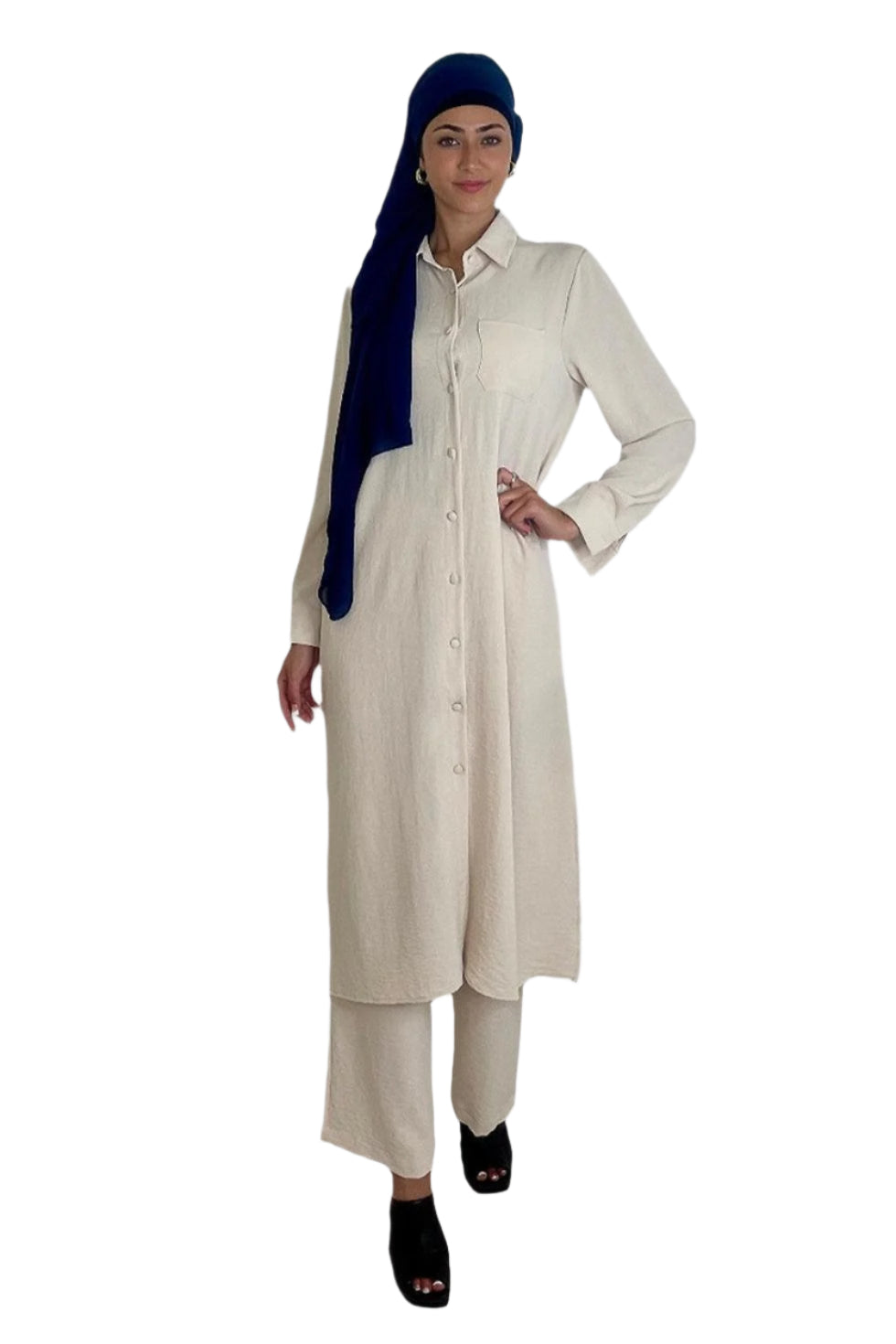 Classic Longline Button Down Shirt And Wide Leg Trousers Coord Set-SinglePrice